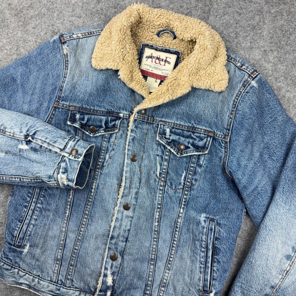 VTG Abercrombie Fitch Denim Jacket Mens L Sherpa Lined Distressed Heavy Trucker